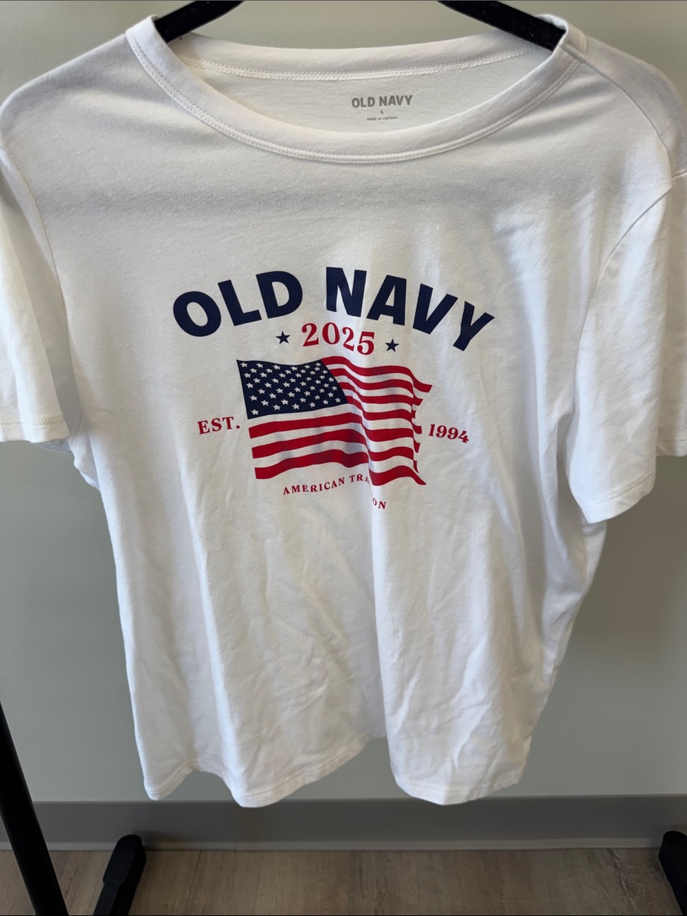 Old Navy White Tee with Red & Blue Flag Graphic